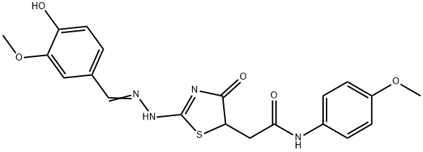 2-((E)-2-(((E)-4-hydroxy-3-methoxybenzylidene)hydrazono)-4-oxothiazolidin-5-yl)-N-(4-methoxyphenyl)acetamide 结构式