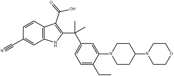 6-cyano-2-(2-(4-ethyl-3-(4-morpholinopiperidin-1-yl)phenyl)propan-2-yl)-1H-indole-3-carboxylic acid Structure
