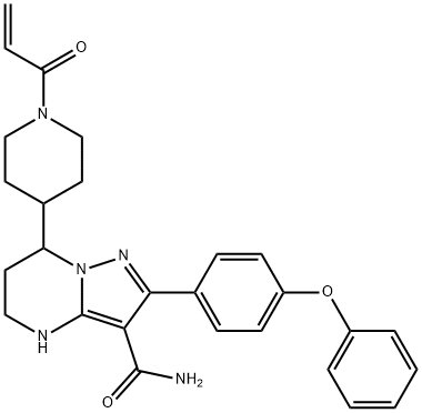 (7S)-2-(4-フェノキシフェニル)-7-[1-(プロパ-2-エノイル)ピペリジン-4-イル]-4H,5H,6H,7H-ピラゾロ[1,5-a]ピリミジン-3-カルボキサミド 化学構造式