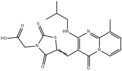 [(5Z)-5-({9-methyl-2-[(2-methylpropyl)amino]-4-oxo-4H-pyrido[1,2-a]pyrimidin-3-yl}methylidene)-4-oxo-2-thioxo-1,3-thiazolidin-3-yl]acetic acid 结构式