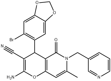 2-amino-4-(6-bromo-1,3-benzodioxol-5-yl)-7-methyl-5-oxo-6-(pyridin-3-ylmethyl)-5,6-dihydro-4H-pyrano[3,2-c]pyridine-3-carbonitrile 结构式