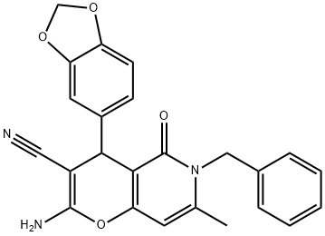 2-amino-4-(1,3-benzodioxol-5-yl)-6-benzyl-7-methyl-5-oxo-5,6-dihydro-4H-pyrano[3,2-c]pyridine-3-carbonitrile 结构式