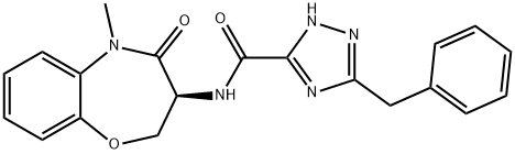 (S)-5-ベンジル-N-(5-メチル-4-オキソ-2,3,4,5-テトラヒドロベンゾ[B][1,4]オキソアゼピン-3-イル)-1H-1,2,4-トリアゾール-3-カルボキサミド 化学構造式