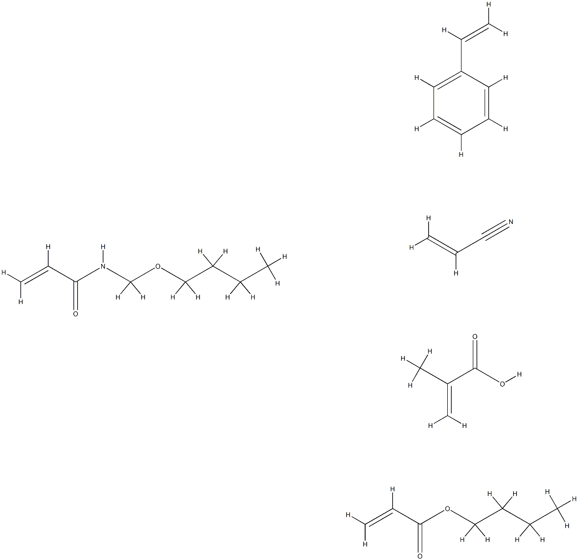 2-Propenoic acid, 2-methyl-, polymer with N-(butoxymethyl)-2-propenamide, butyl 2-propenoate, ethenylbenzene and 2-propenenitrile 结构式