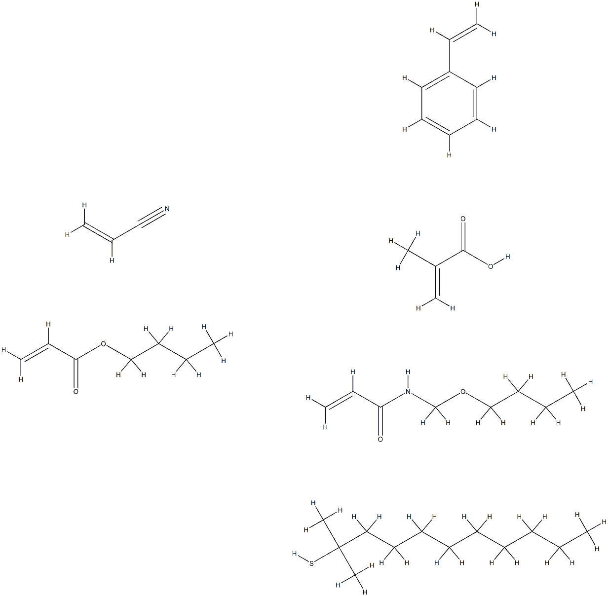 2-Propenoic acid, 2-methyl-, telomer with N-(butoxymethyl)-2-propenamide, butyl 2-propenoate, tert-dodecanethiol, ethenylbenzene and 2-propenenitrile 结构式