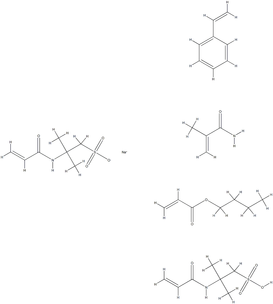 2-Propenoic acid, butyl ester, polymer with ethenylbenzene, 2-methyl-2-[(1-oxo-2-propenyl) amino]-1-propanesulfonic acid, 2-methyl-2-[(1-oxo-2-propenyl) amino]-1-propanesulfonic acid monosodium salt and 2-methyl-2-propenamide 结构式