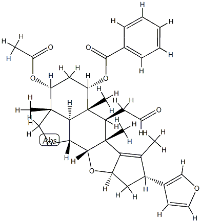 (2aR)-3α-Acetyloxy-5α-benzoyloxy-8α-(3-furanyl)-2a,4,5,5a,6,6a,8,9,9aα,10aβ,10bβ,10cα-dodecahydro-2aβ,5aβ,6aβ,7-tetramethyl-2H,3H-cyclopenta[d']naphtho[1,8-bc:2,3-b']difuran-6β-acetaldehyde 结构式