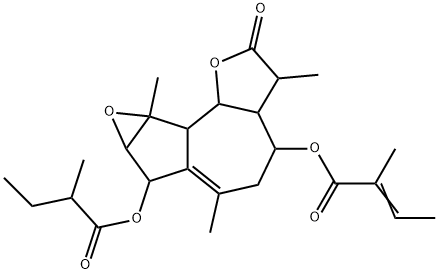 2,3,3a,4,5,7,7a,8a,8b,8c-Decahydro-3,6,8a-trimethyl-7-(2-methyl-1-oxobutoxy)-2-oxooxireno[2,3]azuleno[4,5-b]furan-4-yl=2-methyl-2-butenoate 结构式