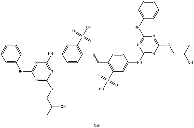 Benzenesulfonic acid, 2,2'-(1,2-ethenediyl)bis[ 5-[[4-(2-hydroxypropoxy)-6-(phenylamino)-1,3,5-triazin -2-yl]amino]-, disodium salt 结构式