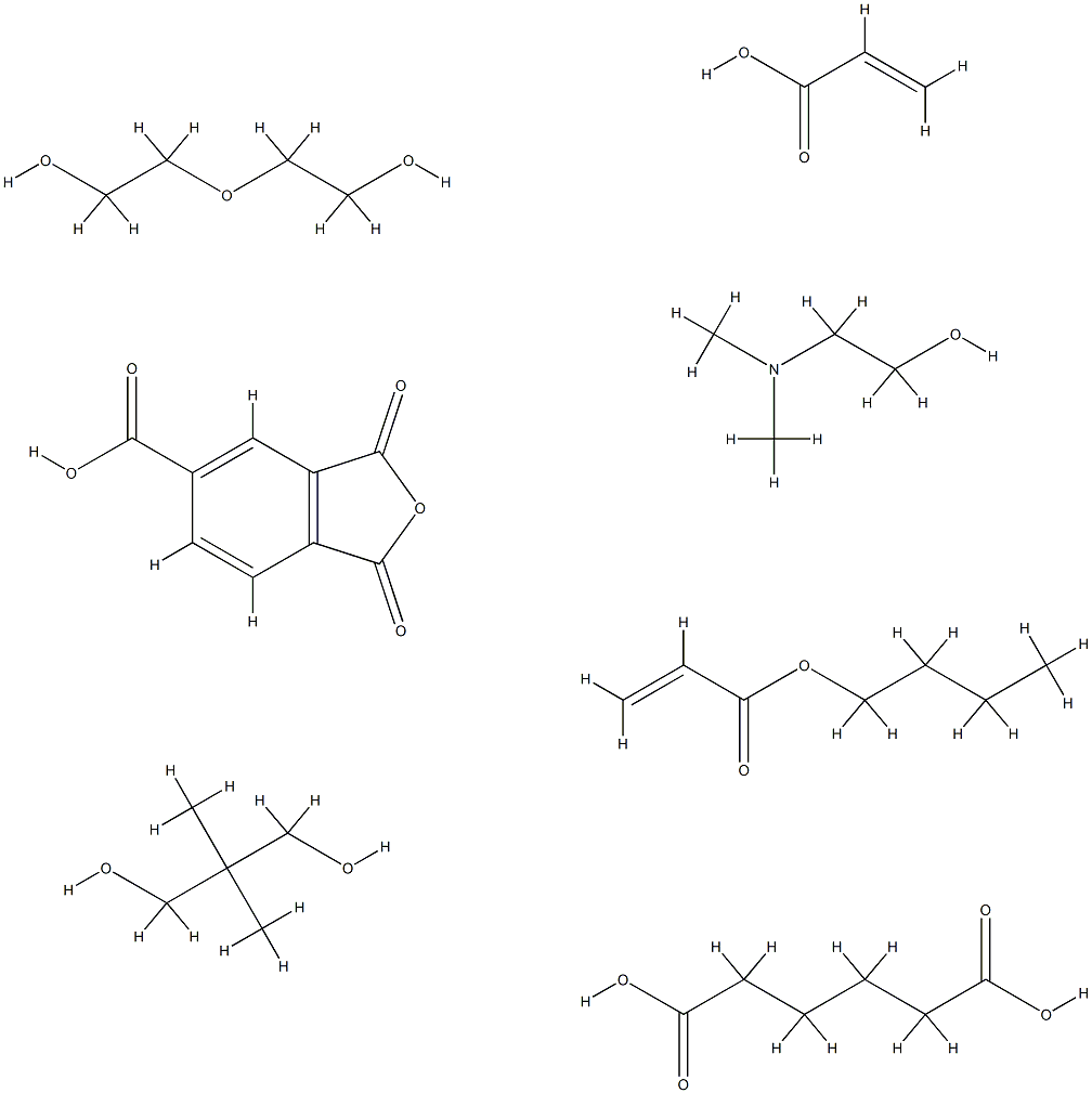 Hexanedioic acid, polymer with butyl 2-propenoate, 1,3-dihydro-1,3-dioxo-5-isobenzofurancarboxylic acid, 2,2-dimethyl-1,3-propanediol, 2,2'-oxybis[ethanol] and 2-propenoic acid, reaction products with 2-(dimethylamino)ethanol|