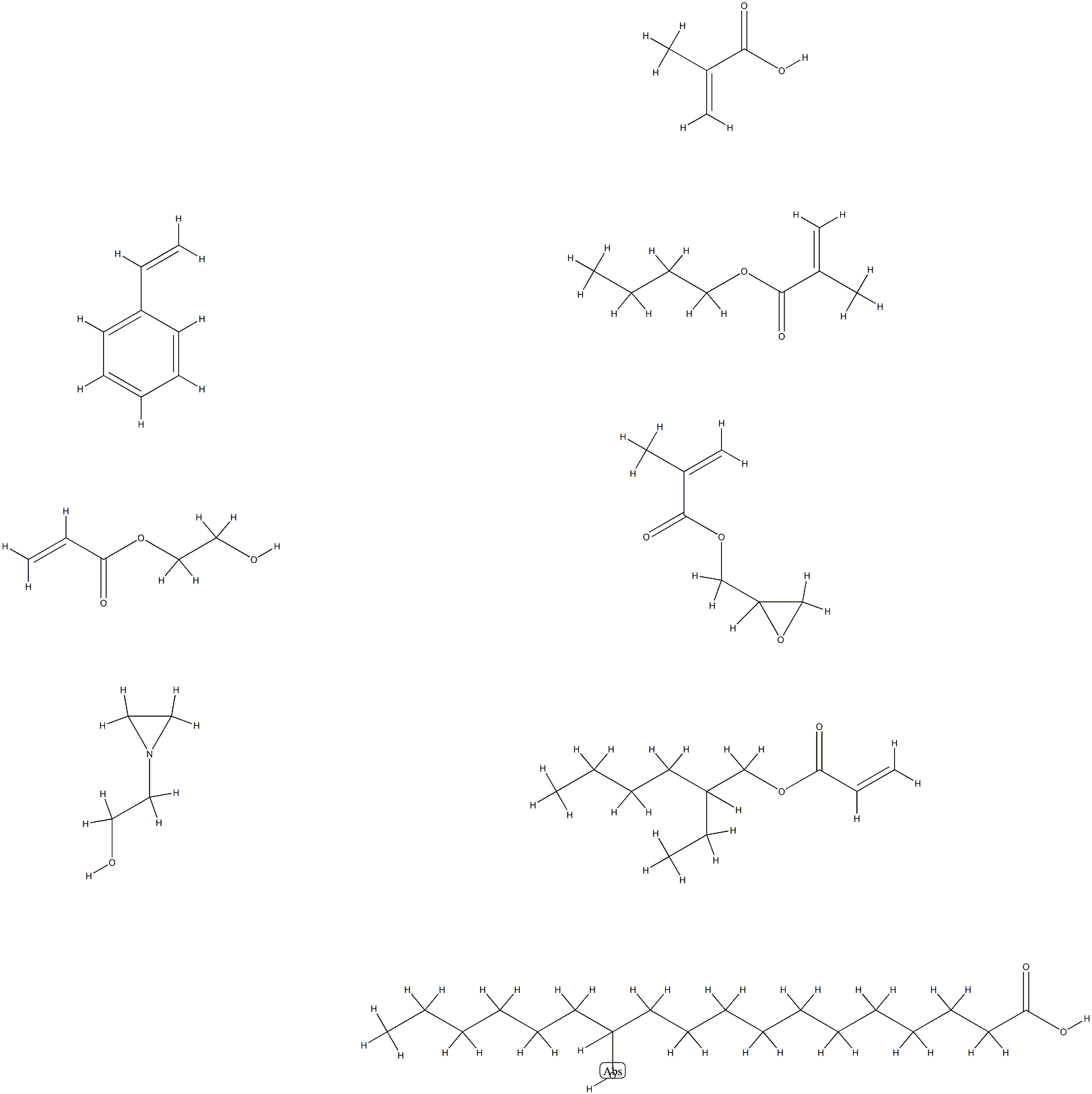 Octadecanoic acid, 12-hydroxy-, polymer with butyl 2-methyl-2-propenoate, ethenylbenzene, 2-ethylhexyl 2-propenoate, 2-hydroxyethyl 2-propenoate, 2-methyl-2-propenoic acid and oxiranylmethyl 2-methyl-2-propenoate, 1-aziridineethanol-terminated 结构式