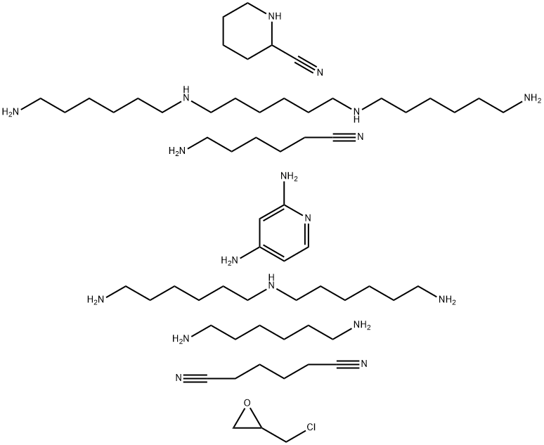 Hexanedinitrile, polymer with 6-aminohexanenitrile, N-(6-aminohexyl)-1,6-hexanediamine, N,N'-bis(6-aminohexyl)-1,6-hexanediamine, (chloromethyl)oxirane, 1,6-hexanediamine, 2-piperidinecarbonitrile and 2,4-pyridinediamine Structure