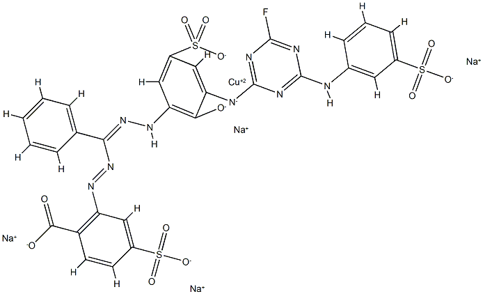 tetrasodium [2-[[alpha-[[3-[[4-fluoro-6-(3-sulphoanilino)-1,3,5-triazin-2-yl]amino]-2-hydroxy-5-sulphophenyl]azo]benzyl]azo]-4-sulphobenzoato(6-)]cuprate(4-) Structure