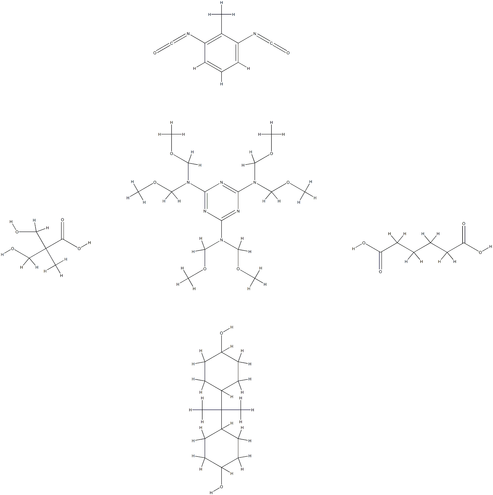 Hexanedioic acid, polymer with 1,3-diisocyanatomethylbenzene, N,N,N',N',N'',N''-hexakis( methoxymethyl)-1,3,5-triazine-2,4,6-triamine, 3-hydroxy-2-(hydroxymethyl)-2-methylpropanoic acid and 4,4'-(1-methylethylidene)bis[cyclohexanol] Structure