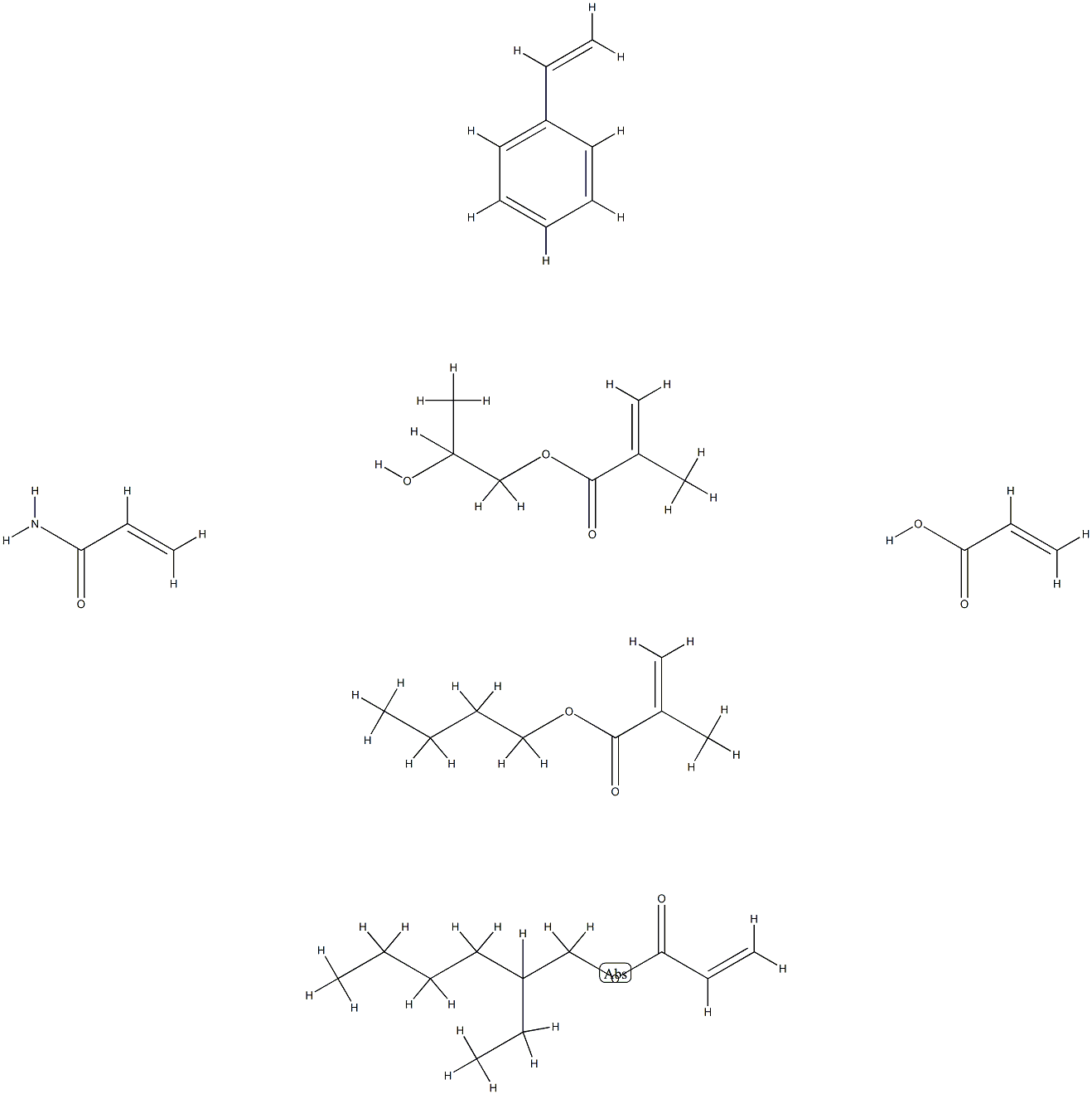 2-Propenoic acid, 2-methyl-, butyl ester, polymer with ethenylbenzene, 2-ethylhexyl 2-propenoate, 1,2-propanediol mono(2-methyl-2-propenoate), 2-propenamide and 2-propenoic acid 结构式