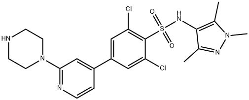 N-(1,3,5-トリメチル-1H-ピラゾール-4-イル)-4-[2-(ピペラジン-1-イル)ピリジン-4-イル]-2,6-ジクロロベンゼンスルホンアミド 化学構造式