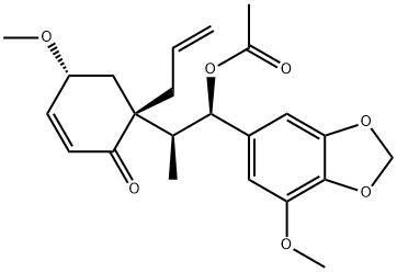 (4R)-6α-[(1S,2R)-2-(Acetyloxy)-1-methyl-2-(7-methoxy-1,3-benzodioxol-5-yl)ethyl]-4α-methoxy-6-(2-propenyl)-2-cyclohexen-1-one 结构式