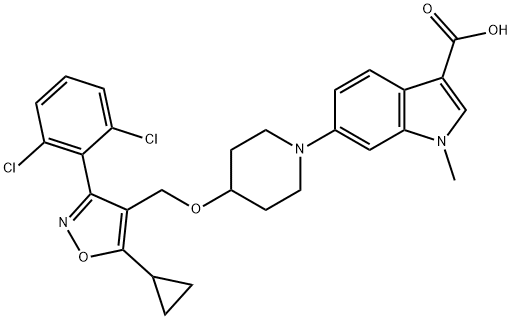 6-[4-[[5-シクロプロピル-3-(2,6-ジクロロフェニル)イソオキサゾール-4-イル]メトキシ]ピペリジノ]-1-メチル-1H-インドール-3-カルボン酸 化学構造式