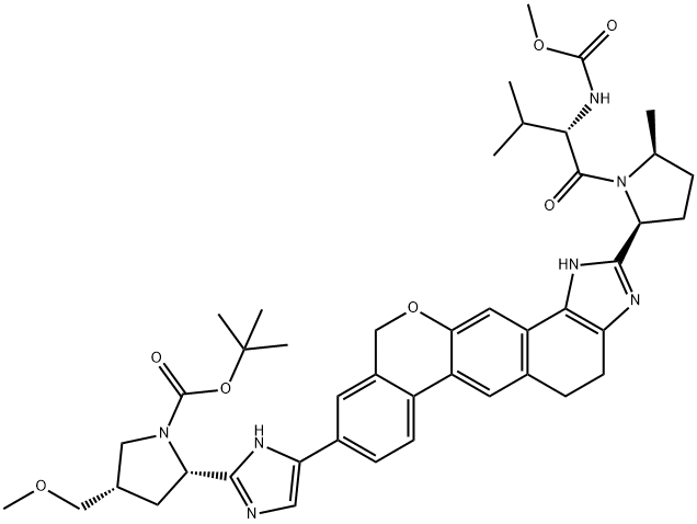 叔丁基 (2S,4S)-2-[5-(2-{(2S,5S)-1-[N-(甲氧基羰基)-L-缬氨酰]-5-甲基吡咯烷-2-基}-1,4,5,11-四氢异吡喃[4′,3′:6,7]萘并[1,2-D]咪唑-9-基)-1H-咪唑-2-基]-4-(甲氧基甲基)吡咯烷-1-羧酸, 1378391-44-6, 结构式