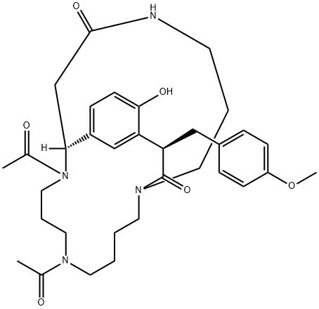 (11S,17R)-6,10-Diacetyl-15-hydroxy-17-[(4-methoxyphenyl)methyl]-1,6,10,22-tetraazatricyclo[9.7.6.112,16]pentacosa-12,14,16(25)-triene-18,23-dione 结构式