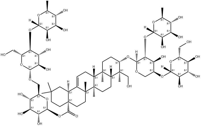 3-O-Β-D-葡萄糖( 1→4)-[ A -L-鼠李糖(1→2)]- A-L-阿拉伯糖 常春藤配基- 28-O-鼠李糖(1→4)葡萄糖(1→6)葡萄糖苷 结构式