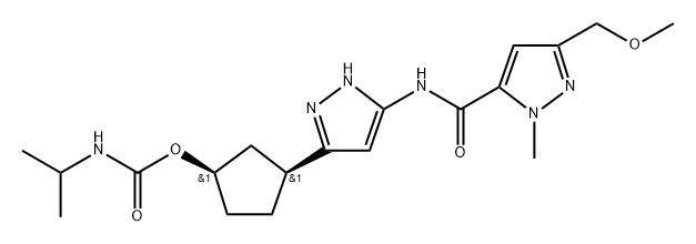 (1R,3S)-3-(5-(3-(甲氧基甲基)-1-甲基-1H-吡唑-5-甲酰胺基)-1H-吡唑-3-基)环戊基异丙基氨基甲酸酯, 2460249-19-6, 结构式