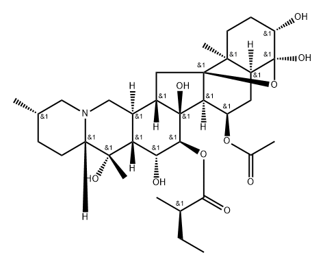 4α,9-Epoxycevane-3β,4,7α,14,15α,16β,20-heptol 7-acetate 15-[(R)-2-methylbutanoate] 结构式