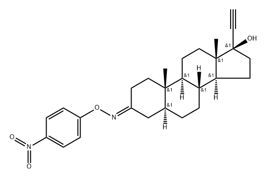 (17R)-17-Hydroxy-5α-pregn-20-yn-3-one O-(p-nitrophenyl)oxime 结构式