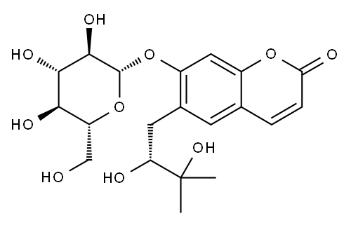 (R)-白花前胡醇 7-O-BETA-D-吡喃葡萄糖苷 结构式