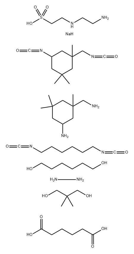 Hexanedioic acid, polymer with 2-[(2-aminoethyl)amino]ethanesulfonic acid monosodium salt, 5-amino-1,3,3-trimethylcyclohexanemethanamine, 1,6-diisocyanatohexane, 2,2-dimethyl-1,3-propanediol, 1,6-hexanediol, hydrazine and 5-isocyanato-1-(isocyanatomethyl) Structure