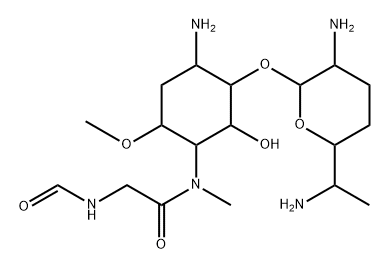 2-Amino-1-O-(2,6-diamino-2,3,4,6,7-pentadeoxy-β-L-lyxo-heptopyranosyl)-5-[[(formylamino)acetyl]methylamino]-4-O-methyl-2,3,5-trideoxy-D-allo-inositol Structure
