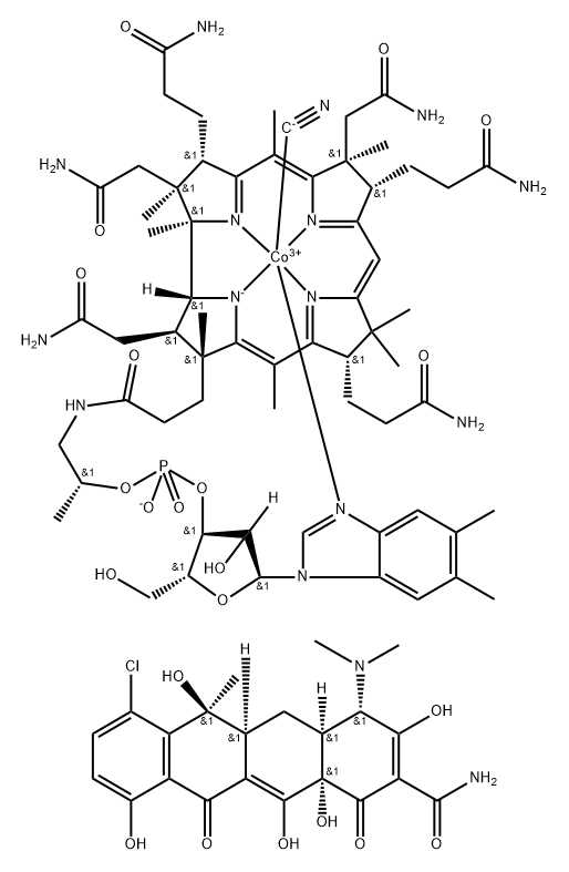 Vitamin B12 mixture with [4S(4a,4aa,5aa,6,12aa)]-7-chloro-4-(dimethylamino)-1,4,4a,5,5a,6,11,-12a-octahydro-3,6,10,12,12a penta-hydroxy-6-methyl-1,11-dioxo-2-naphthacencarbonamide (control for chlorotetracycline) 结构式