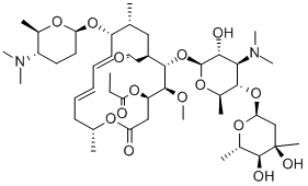 9-O-[(2R,5S,6R)-5-ジメチルアミノテトラヒドロ-6-メチル-2H-ピラン-2-イル]ロイコマイシンV3-プロパノアート 化学構造式