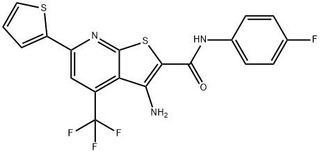 3-アミノ-N-(4-フルオロフェニル)-6-(チオフェン-2-イル)-4-(トリフルオロメチル)チエノ[2,3-b]ピリジン-2-カルボキサミド 化学構造式