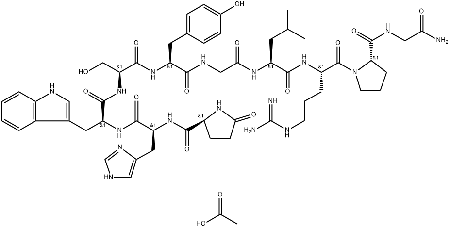5-オキソ-L-Pro-L-His-L-Trp-L-Ser-L-Tyr-Gly-L-Leu-L-Arg-L-Pro-Gly-NH2・2酢酸 化学構造式