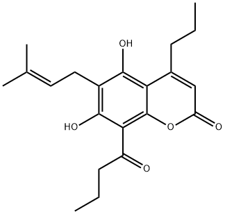 4-Propyl-5,7-dihydroxy-6-(3-methyl-2-butenyl)-8-butyryl-2H-1-benzopyran-2-one 结构式