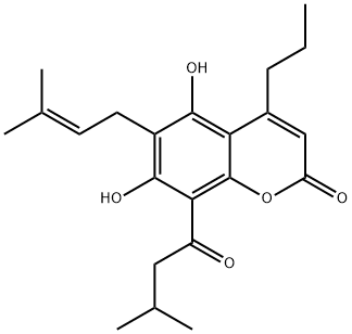 4-Propyl-5,7-dihydroxy-6-(3-methyl-2-butenyl)-8-(3-methylbutyryl)-2H-1-benzopyran-2-one 结构式