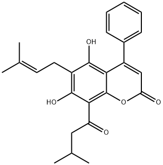 5,7-Dihydroxy-6-(3-methyl-2-butenyl)-8-(3-methylbutyryl)-4-phenyl-2H-1-benzopyran-2-one 结构式