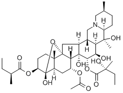 4α,9-エポキシセバン-3β,4,7α,14,15α,16β,20-ヘプタオール7-アセタート3-[(S)-2-ヒドロキシ-2-メチルブタノアート]15-[(R)-2-メチルブタノアート] 化学構造式