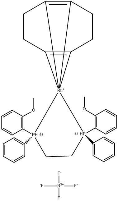 四氟硼酸(R,R)-(-)-1,2-双[(O-甲氧苯基)(苯基)瞵]乙烷(1,5-环辛二烯)合铑(I), 56977-92-5, 结构式