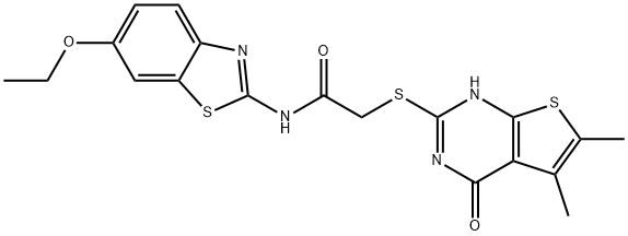 Acetamide, 2-[(1,4-dihydro-5,6-dimethyl-4-oxothieno[2,3-d]pyrimidin-2-yl)thio]-N-(6-ethoxy-2-benzothiazolyl)- (9CI) 结构式