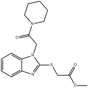 Acetic acid, [[1-[2-oxo-2-(1-piperidinyl)ethyl]-1H-benzimidazol-2-yl]thio]-, methyl ester (9CI) 结构式