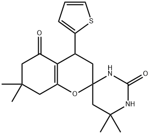 Spiro[2H-1-benzopyran-2,4(3H)-pyrimidine]-2,5(1H,3H)-dione, 4,5,6,6,7,8-hexahydro-6,6,7,7-tetramethyl-4-(2-thienyl)- (9CI) 结构式