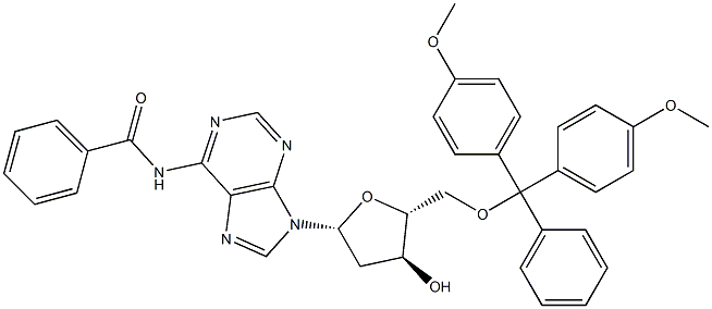 N6-苯甲酰基-5'-O-(4,4'-二甲氧基三苯基)-2'-脱氧腺苷 结构式