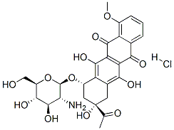 5,12-Naphthacenedione, 8-acetyl-10-((2-amino-2-deoxy-beta-D-glucopyran osyl)oxy)-7,8,9,10-tetrahydro-6,8,11-trihydroxy -1-methoxy-, hydrochlo ride, (8S-cis)- 结构式