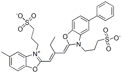 hydrogen 5-methyl-2-[2-[[5-phenyl-3-(3-sulphonatopropyl)-3H-benzoxazol-2-ylidene]methyl]but-1-enyl]-3-(3-sulphonatopropyl)benzoxazolium 结构式