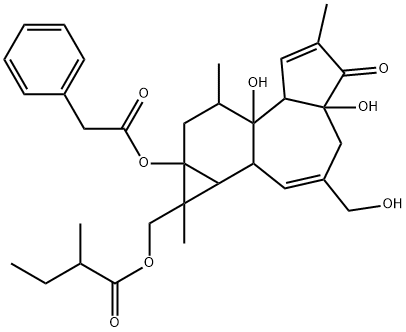 Benzeneacetic acid 1,1a,1b,4,4a,5,7a,7b,8,9-decahydro-4a,7b-dihydroxy-3-(hydroxymethyl)-1,6,8-trimethyl-1-[(2-methyl-1-oxobutoxy)methyl]-5-oxo-9aH-cyclopropa[3,4]benz[1,2-e]azulen-9a-yl ester 结构式