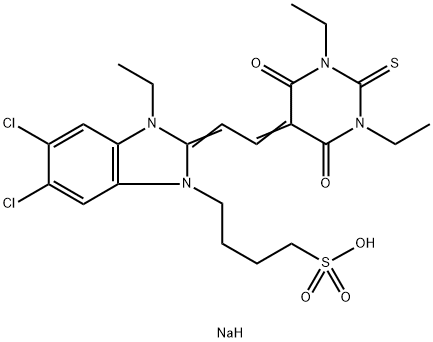 sodium 5,6-dichloro-2-[(1,3-diethyltetrahydro-4,6-dioxo-2-thioxo-(2H)-pyrimidin-5-ylidene)ethylidene]-3-ethyl-2,3-dihydro-1H-benzimidazole-1-butanesulphonate Structure