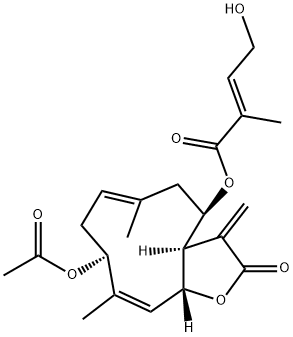 (E)-4-Hydroxy-2-methyl-2-butenoic acid [(3aR,4R,6E,9S,10Z,11aR)-9-acetoxy-2,3,3a,4,5,8,9,11a-octahydro-6,10-dimethyl-3-methylene-2-oxocyclodeca[b]furan-4-yl] ester Structure