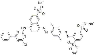 trisodium 2-[[4-[[4-[(4-chloro-6-phenyl-1,3,5-triazin-2-yl)amino]-7-sulphonato-1-naphthyl]azo]-2,5-dimethylphenyl]azo]benzene-1,4-disulphonate Structure